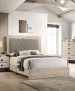 Rubberwood Eastern King Bed with Gray V-Design Headboard - Cream - Image 4