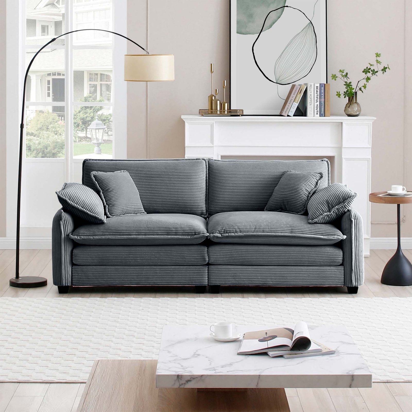 Grey Corduroy 2-Seater Sofa with 4 Pillows - Retro Style Deep Seating