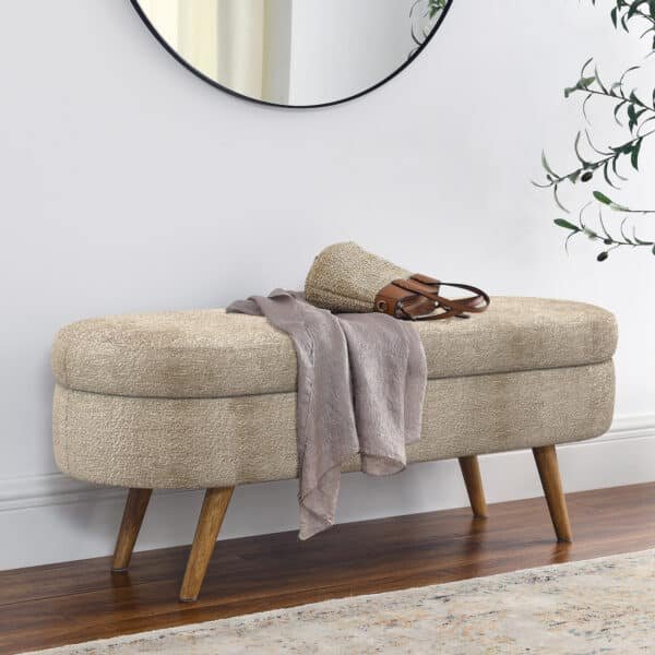 Fabric Oval Storage Ottoman with Rubber Wood Legs - Gray
