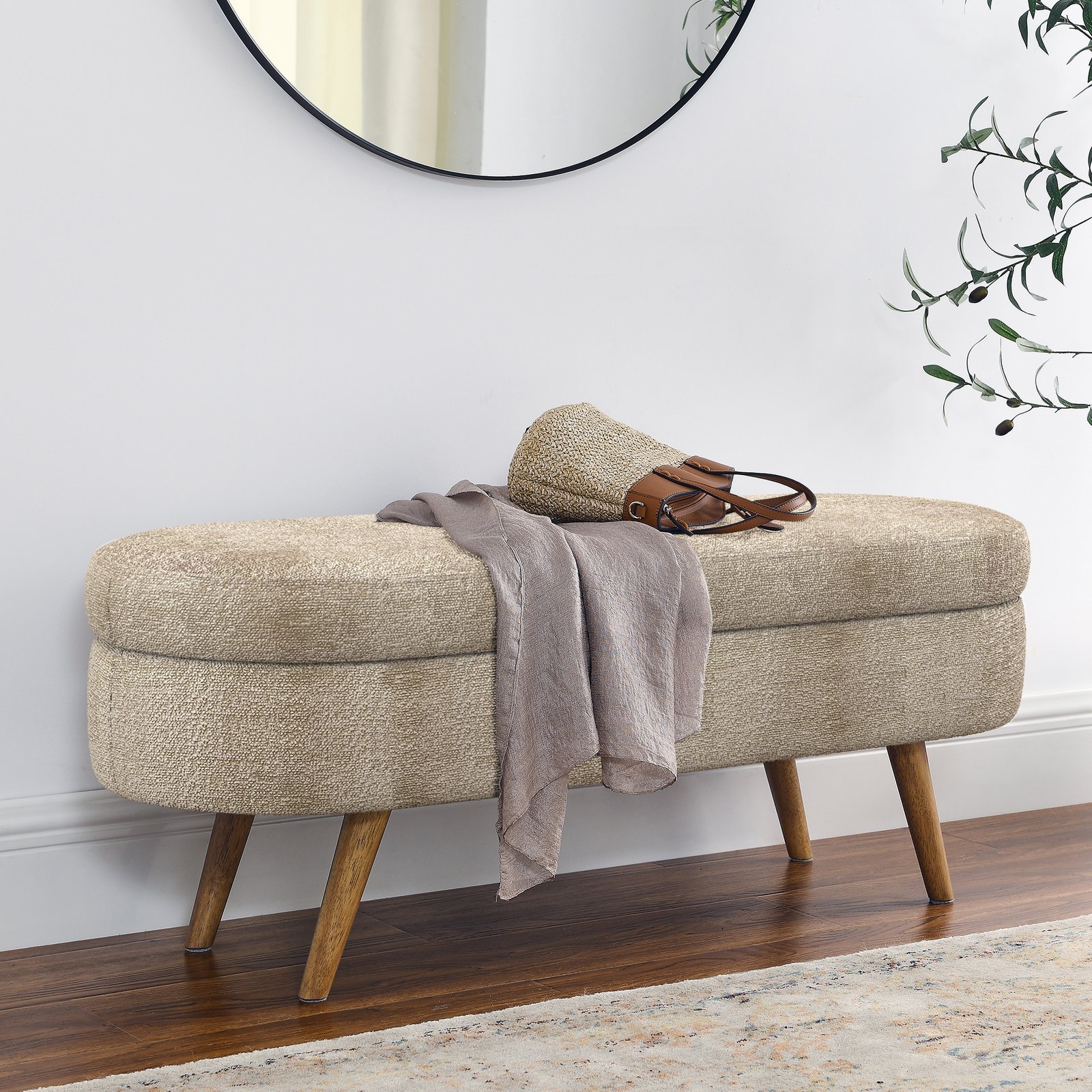 Ottoman Oval Storage Bench,Rubber Wood Legs, Gray (43.5"x16"x16")Brown