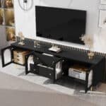 ⁦MDF Modern TV Stand with Fluted Glass Doors and Adjustable Metal Legs - Elegant Black⁩ - الصورة ⁦3⁩