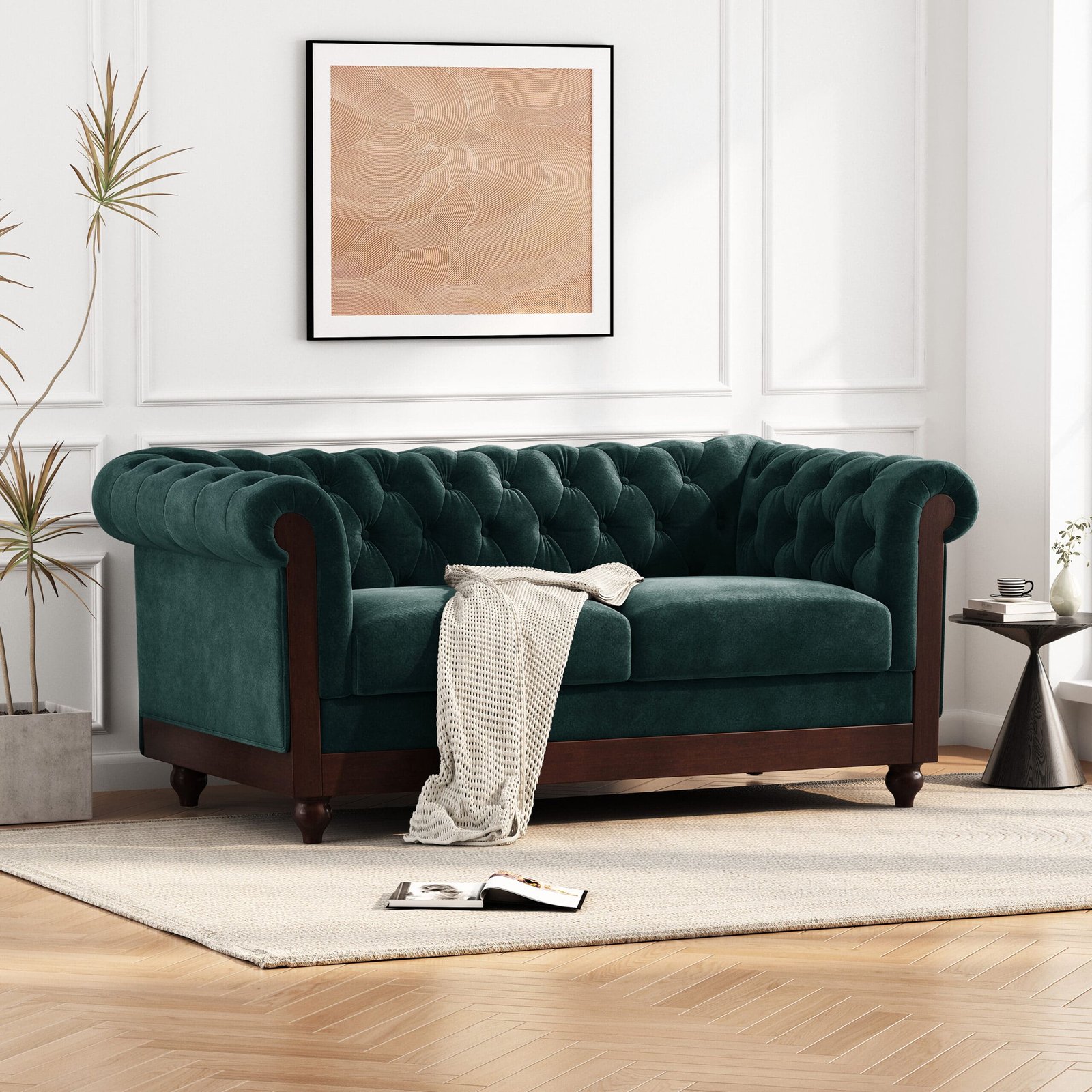 Velvet Chesterfield Loveseat with Tufted Buttons - Forest Green