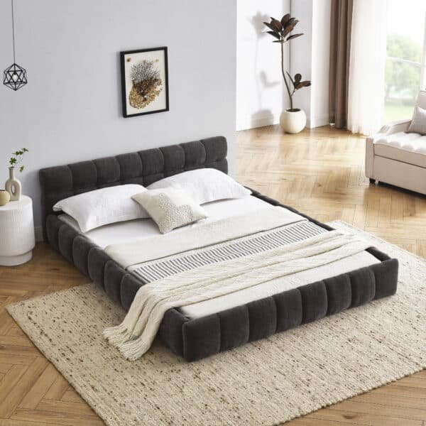 Chenille Upholstered Queen Platform Bed with Headboard - Dark Grey