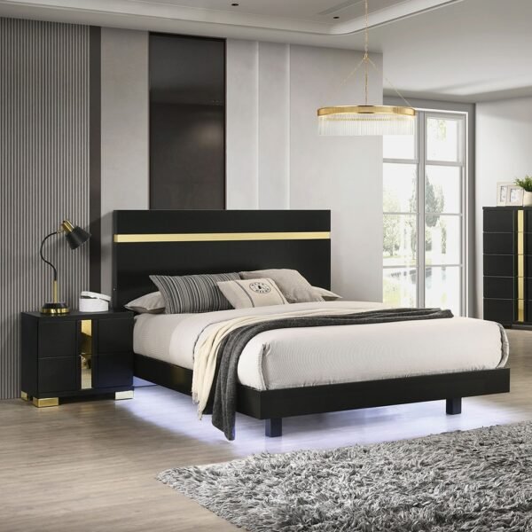 Modern Black 3pc Bedroom Set Eastern King Size Bed w LED 2x Nightstands Mattress Ready Furniture Acrylic Trim