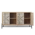 Vintage Carved Wood 4-Door Cabinet with Metal Base - Light Finish - Image 6