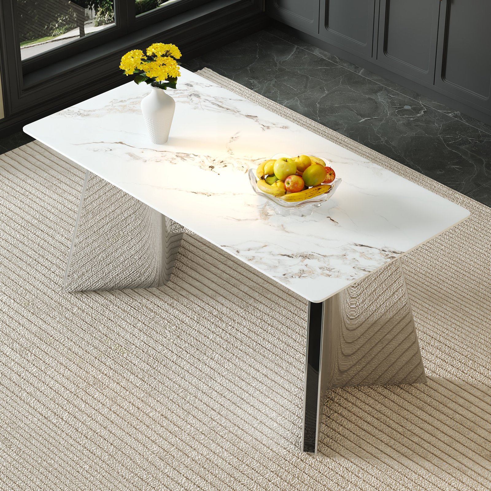 Pandora-Patterned Sintered Stone Dining Table with Stainless Steel Butterfly Legs - Elegant