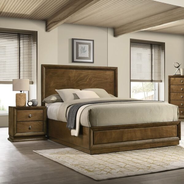 Walnut Color Transitional Style Queen Size Bed 2x Nightstands 3pc Set Bedroom Furniture Metal Knobs