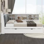 Wood Platform Bed with Trundle and Storage Headboard - White - Image 3