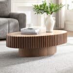 Walnut MDF Oval Coffee Table with Sturdy Pedestal - Compact