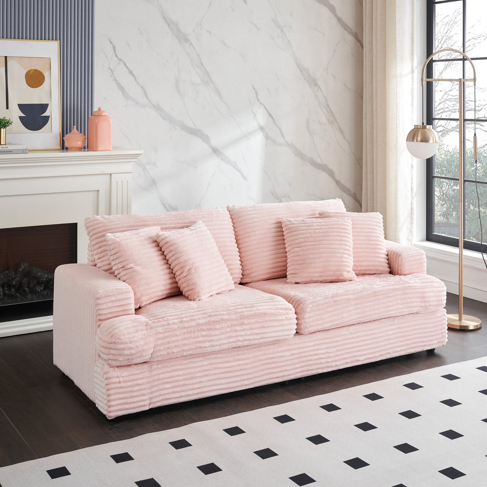 88.58" corduroy 3-seater sofa, spacious and comfortable. Paired with 4 throw pillows in the same color, it adds an elegant touch to a modern living room.Pink