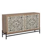 Vintage Carved Wood 4-Door Cabinet with Metal Base - Light Finish - Image 3