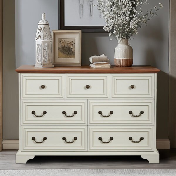 Farmhouse 7 Drawers Dresser for Bedroom, Rustic Chest of Drawers with Natural Texture, Vintage Design, Storage Dressers Organizer for Bedroom, Living Room, Hallway, Antique White