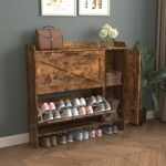 Rustic Brown Freestanding Shoe Storage Cabinet with Adjustable Shelves and Metal Legs - Image 7