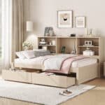 Particle Board Twin Size Bed Frame with Side Bookshelves and Built-in USB Port - Natural - Image 2