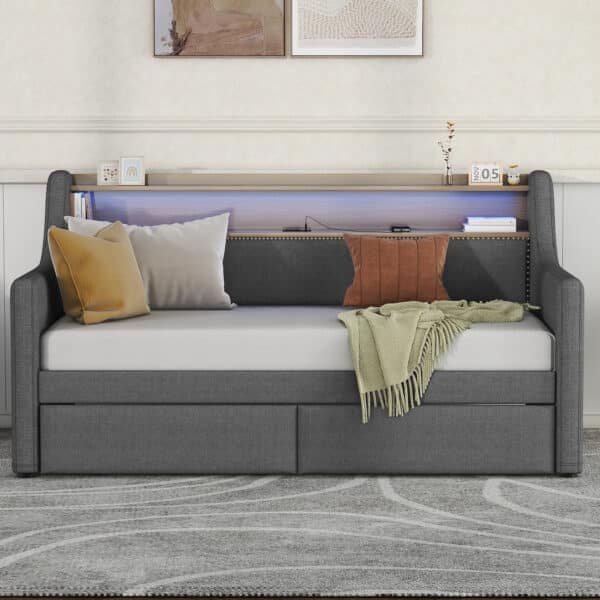Gray Linen Daybed with Storage & Charging Station – Modern Twin Size Comfort