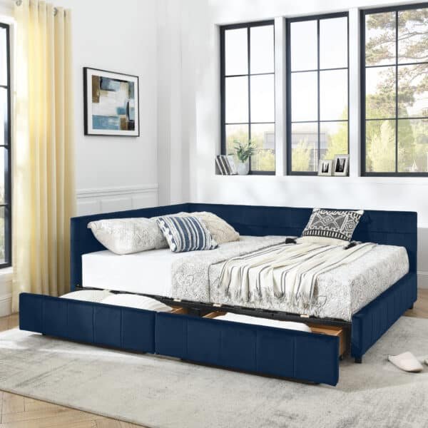 Luxurious Dark Blue Velvet Bed Frame with Storage & Tufted Design