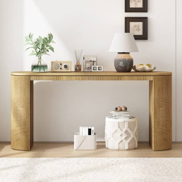 Pine Curved Console Table with Vertical Stripe Design - Elegant Finish