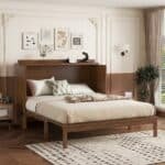Walnut Pine Cabinet Bed – Space-Saving Murphy Bed with Power Station & Rattan Panel - Image 3