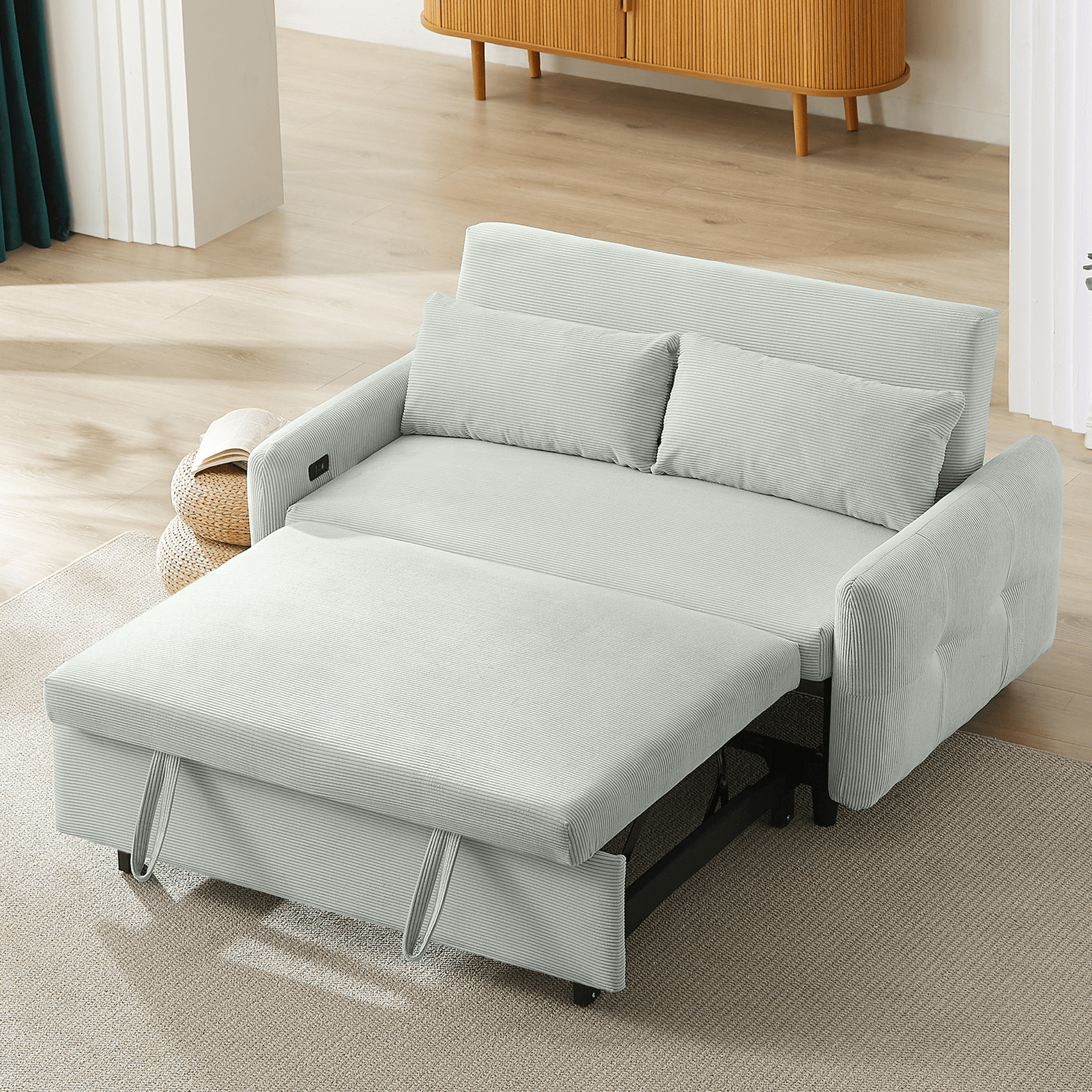 Corduroy Convertible Loveseat Sofa Bed with USB Ports - Light Grey-Green