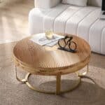 Natural Pine Round Coffee Table with Carved Design and Metal Legs - Golden - Image 4