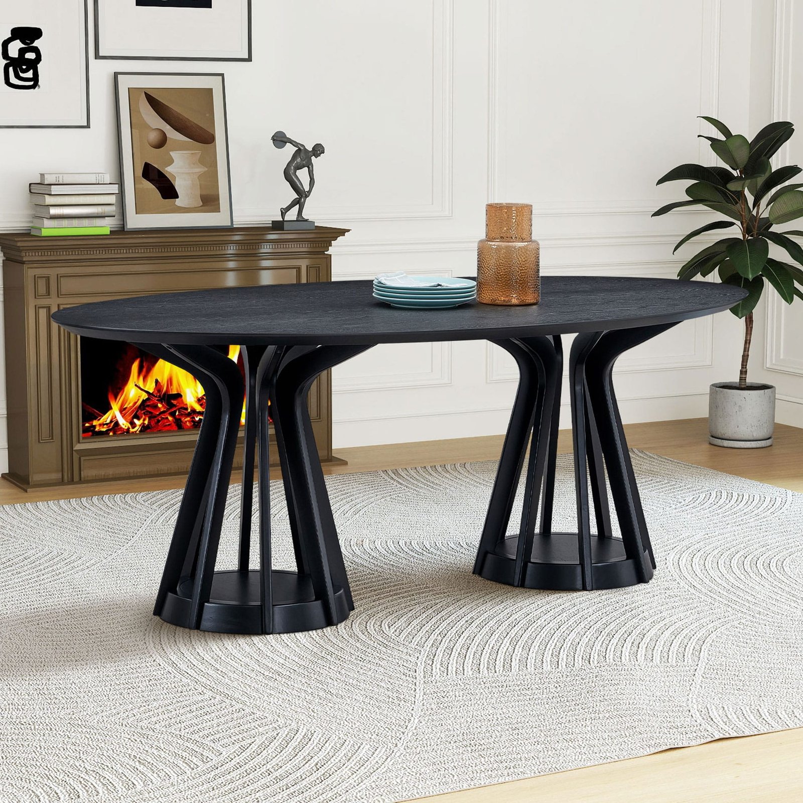 MDF Oval Dining Table with Sturdy Pedestal Base - Black