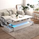 White Foldable Three-Tier Coffee Table with Storage & LED Light