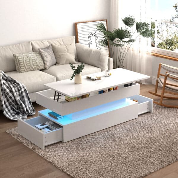 White MDF Foldable Coffee Table with Drawers and LED Light Strips - Three-Tier