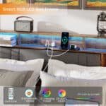 ⁦Wood Queen Bed Frame with Upholstered Headboard and Charging Station - Rustic Brown⁩ - الصورة ⁦3⁩