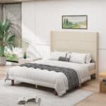 Beige Upholstered Queen Bed with High Headboard for Comfort and Support - Image 2