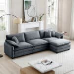 Grey Corduroy L-Shaped Sectional Sofa with Ottoman - Retro Style