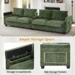 Corduroy Sofa Couch with USB Ports and Hidden Storage Arms - 4-Seater - Green - Image 6