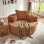 ⁦Chenille Round Accent Chair with 360° Swivel Base and 3 Removable Pillows - Orange Red⁩ - الصورة ⁦11⁩
