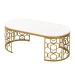 Modern Oval Coffee Table with Cut-Out Pattern Metal Frame - White and Gold - Image 9