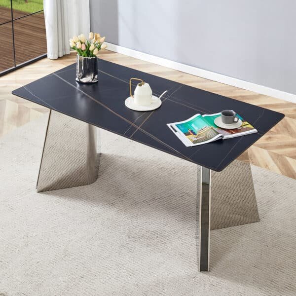 Black Marble-Patterned Slab Dining Table with Golden Stainless Steel Butterfly Legs - Rectangular