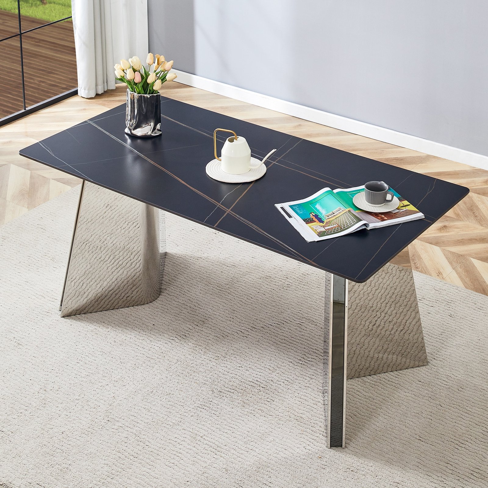 Black Marble-Patterned Slab Dining Table with Golden Stainless Steel Butterfly Legs - Rectangular