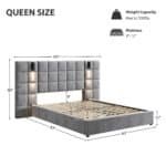 Velvet Queen Bed with Wide Headboard and USB Port - Grey - Image 6