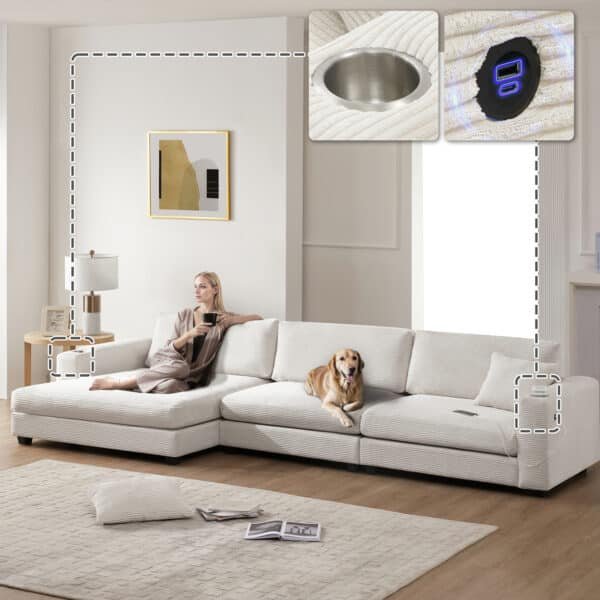 Thick Corduroy L-Shaped Sectional Sofa with USB Charging Port and Cup Holders - 3-4 Seater - Available in 3 Colors