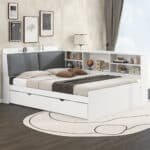 Wood Platform Bed with Trundle and Storage Headboard - White - Image 2