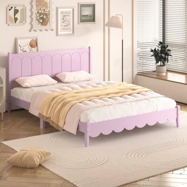 Wood Platform Bed with Rectangular Headboard - Retro Style - Pink
