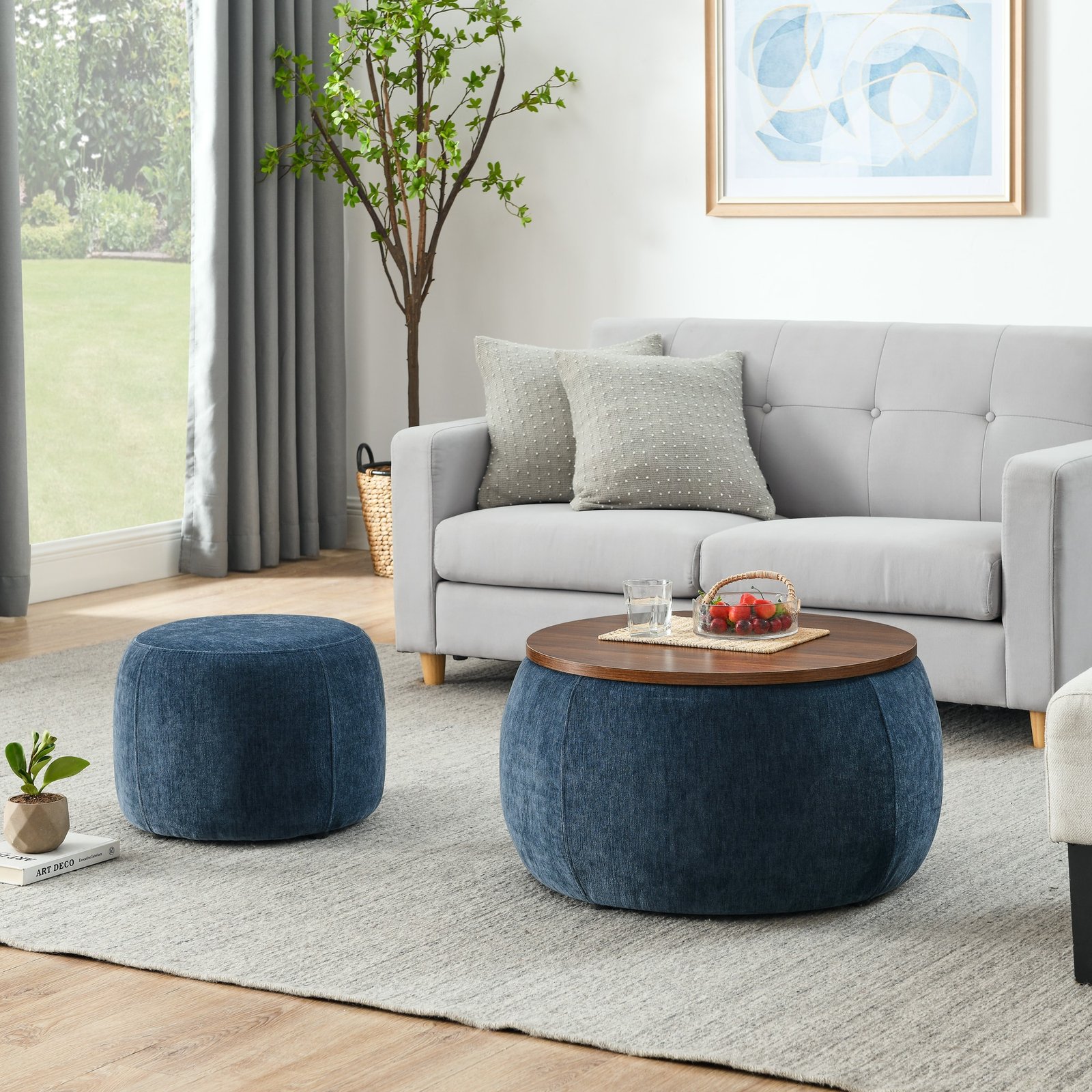 Upholstered Round Storage Ottoman with Removable Top - Dark Blue