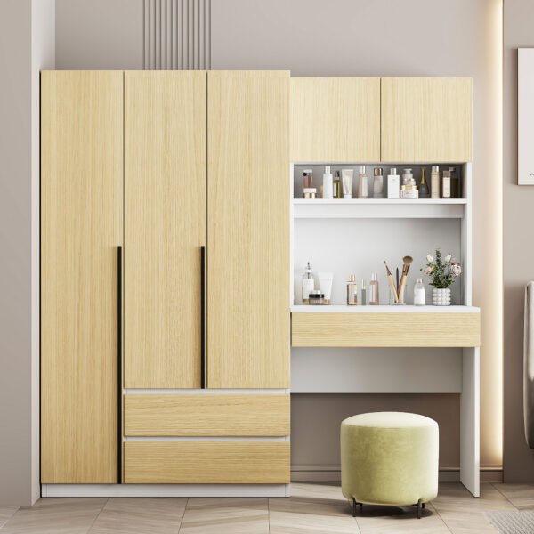 3-Door Wooden Storage Desk Wardrobe for Bedroom with Shelves and 3 Drawers, Natural