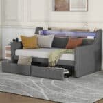 Gray Linen Daybed with Storage & Charging Station – Modern Twin Size Comfort - Image 3