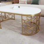 Modern Oval Coffee Table with Cut-Out Pattern Metal Frame - White and Gold - Image 3