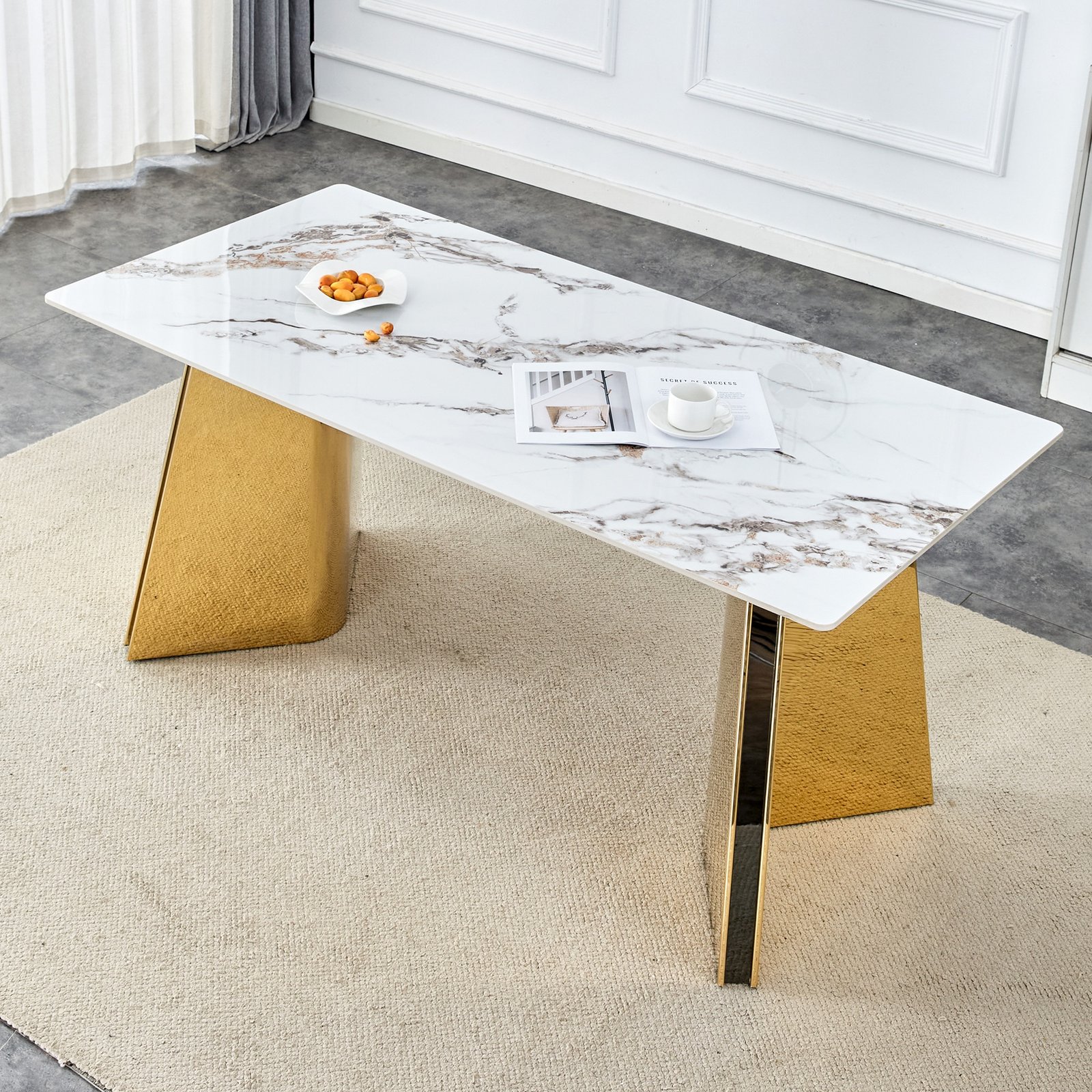 Cold Jade Slab Dining Table with Golden Stainless Steel Butterfly Legs - Elegant