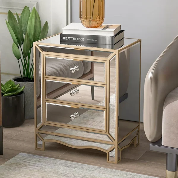 Modern European 3-Drawer Nightstand with Gold Mirrored Finish – MDF Wood Bedside Table with Glass Accents for Bedroom, Living Room, or Hotel-Inspired Decor