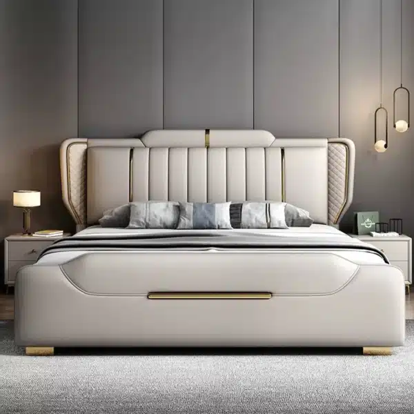Microfiber Leather Modern Luxury Bed Frame with Customizable Options - Cream White