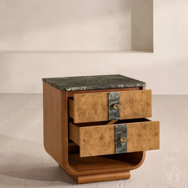 High-End Marble & Oak Burl Night Cabinet – Contemporary Luxury Bedside Storage with Three Drawers