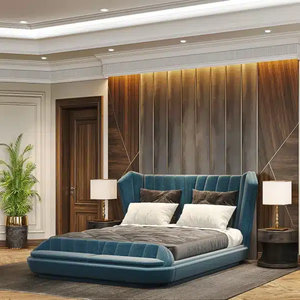 Solid Wood Contemporary Bed with Genuine Leather Upholstery - Customizable Luxury Design