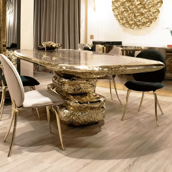 Rectangular Marble Dining Table for 6 with Sculpted Brass Base – Contemporary Luxury Statement Piece