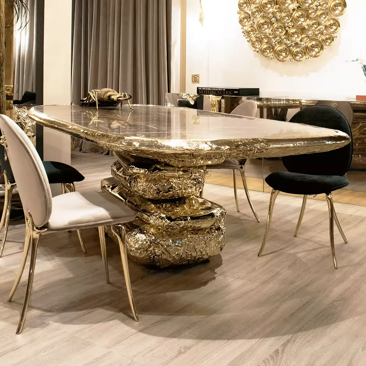 main-image-1 Rectangular Marble Dining Table for 6 with Sculpted Brass Base – Contemporary Luxury Statement Piece - Image 1